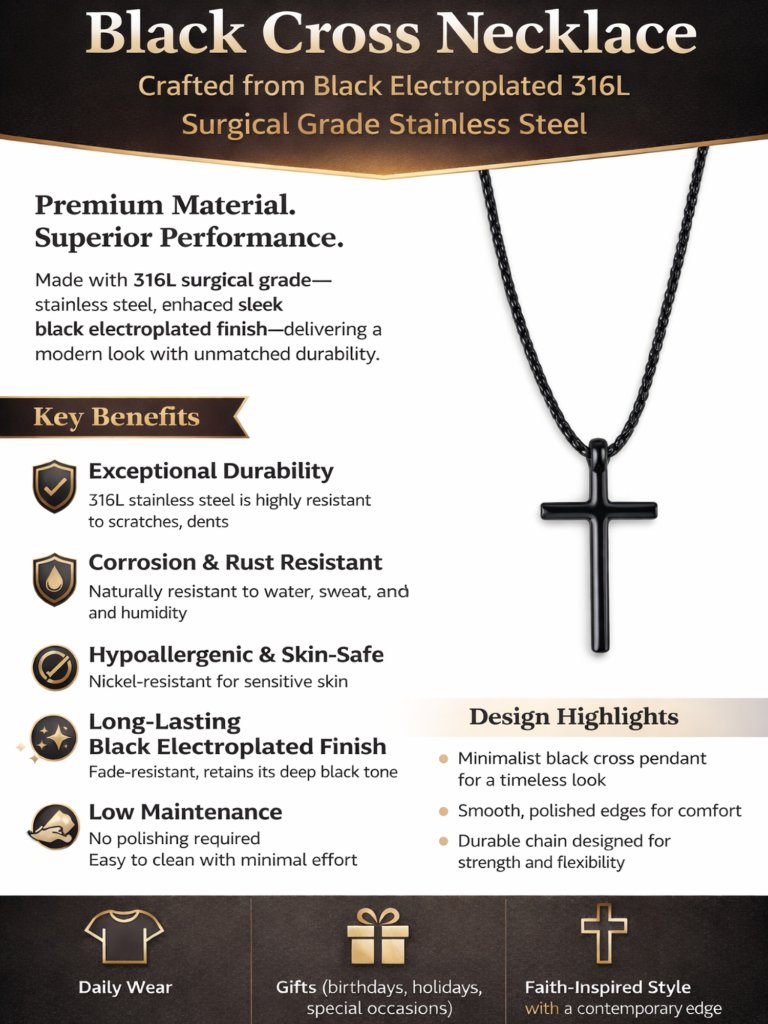 Black Cross Necklace316l Surgical Grade Stainless SteelBox ChainLobster Clasp